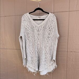 Free People Cream Cable Knit V-Neck Sweater